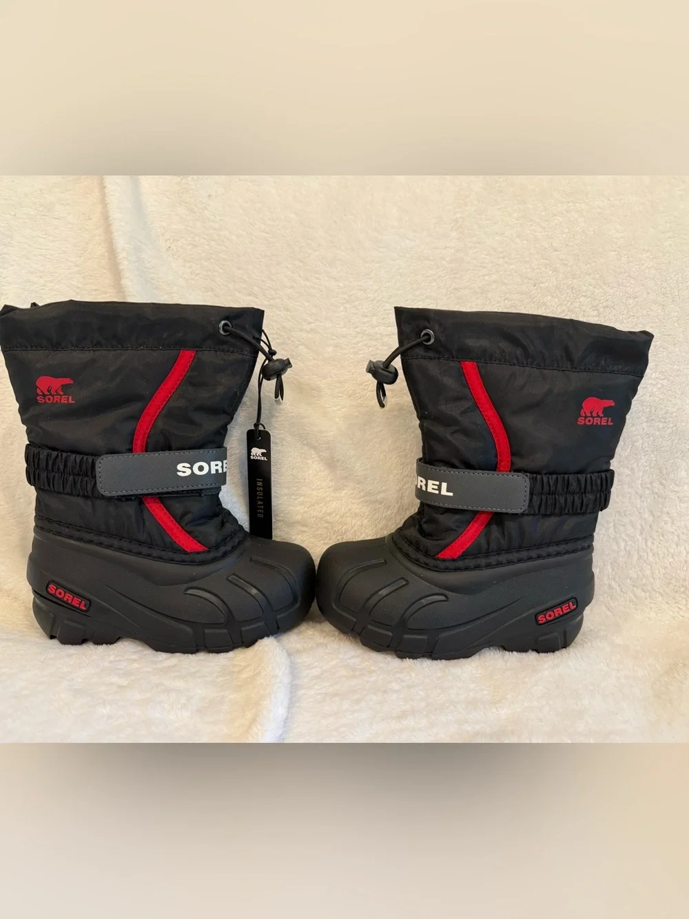 NWT SOREL Kids Youth Flurry Waterproof Insulated Snow Boots Black Red